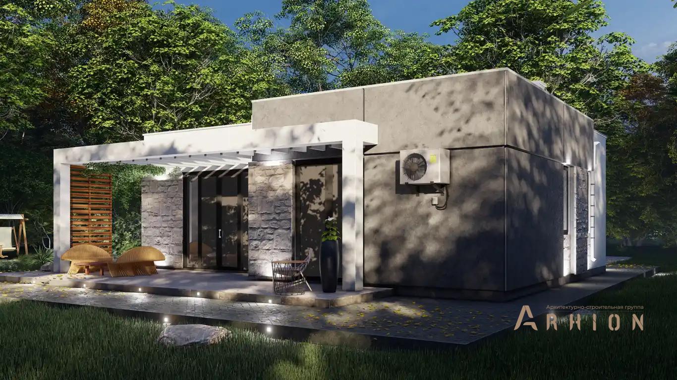 6. Проект одноэтажного дома в стиле хай-тек с плоской кровлей , h-1625, площадью - 88 кв c терассой